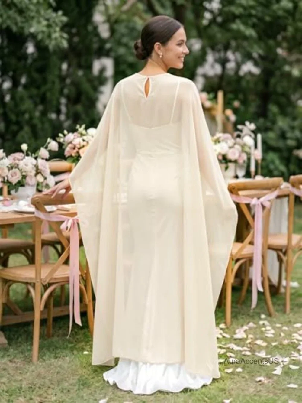 Sheer Chiffon Cape Shawl Bridal Cover Up Pearl Button Poncho